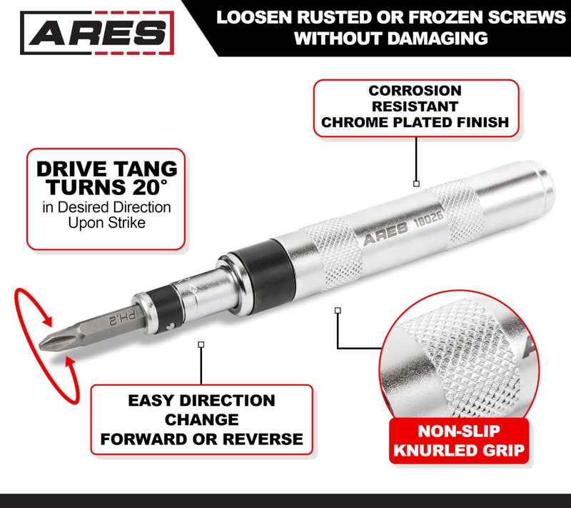 ARES 18026-1/4-Inch Drive Manual Reversible Impact Driver - Includes 6-Piece Flathead, Phillips, and Spiral Screw Extractor Bit Set - Disengage Rusted Fasteners or Frozen Bolts - Compact Design - Image 4